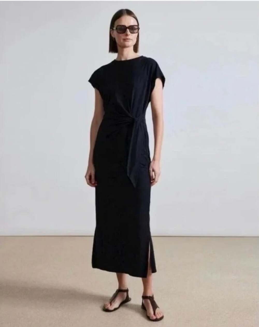 ANINA CINCHED Tie WAIST Maxi Slit DRESS in black‎ Size Large